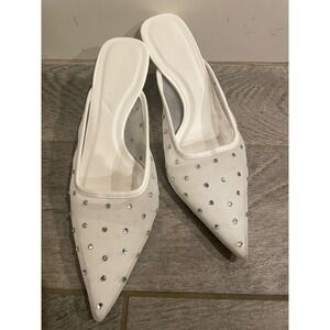 Billini Antonia White Mesh Rhinestone Kitten Heel Mules Pointed Toe Womens 8